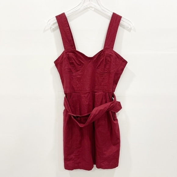UO Angelique Belted Stretch Linen Dress Wine New 4 - Picture 4 of 13